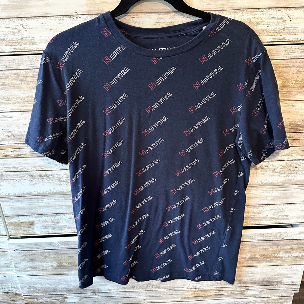 ⚓ Nautica Performance Tee Allover Logo Print Navy T-Shirt Size Small
